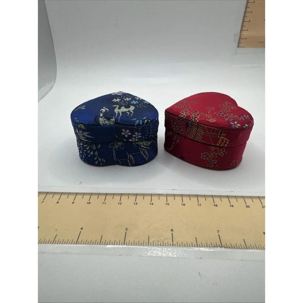 Set Of 2 Asian Ring Jewelry Box Compact Fabric Floral Portable - Heart Shaped